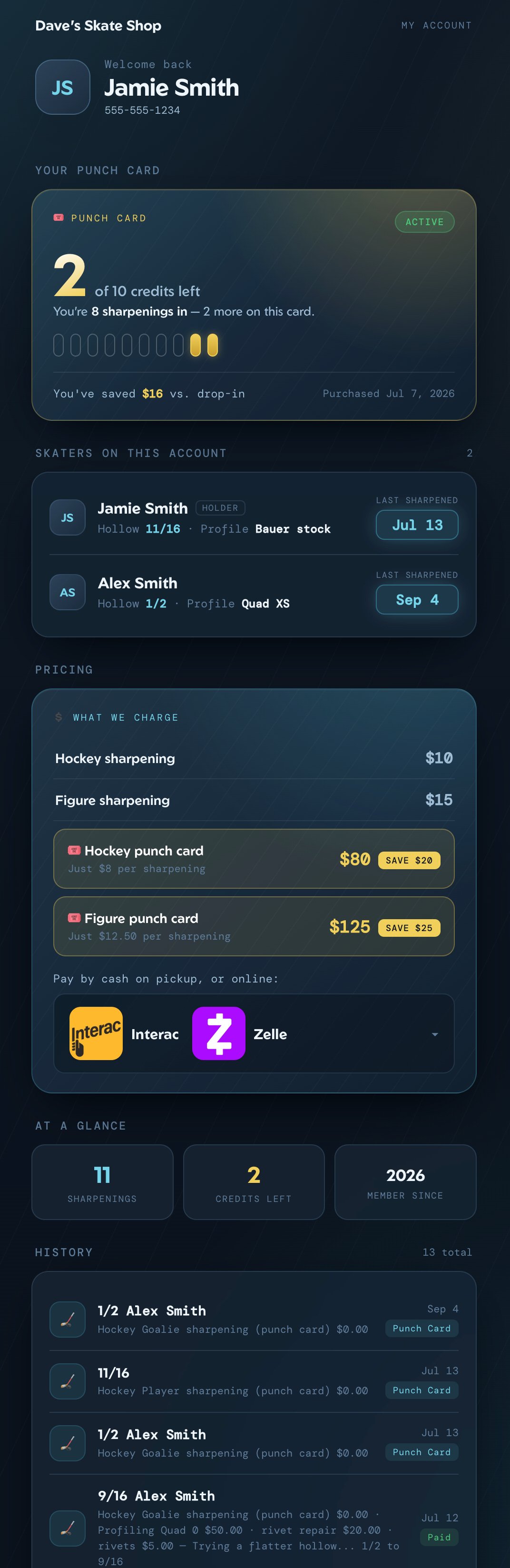 SkateTracker customer profile and digital punch card showing remaining sharpening credits